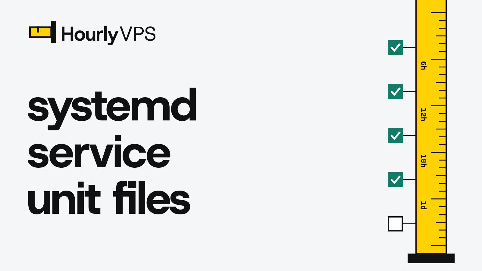 Title card reading “systemd service unit files” for the HourlyVPS guide to creating a systemd service for Python, Node.js and Go apps
